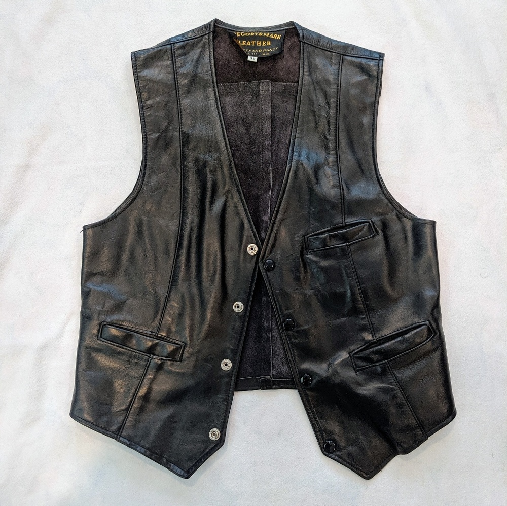 Vintage Black Genuine Leather Vest with Pockets